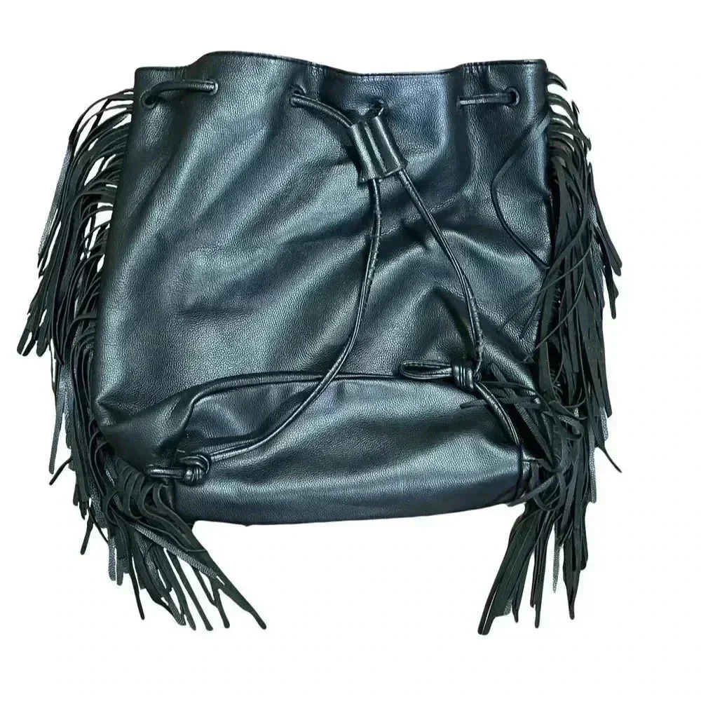 🌟 Victoria's Secret Black Fringe Drawstring Backpack Women's Fashion Accessory 🌟 - Picture 6 of 9